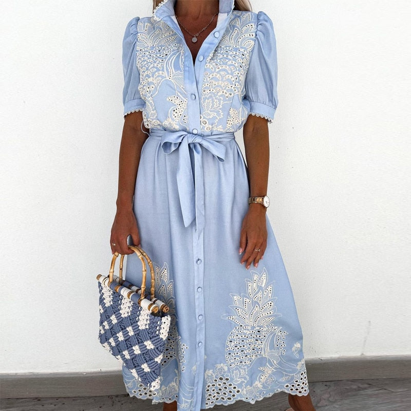 Embroidered Blue Dress with Elegant Detailing for Versatile Style