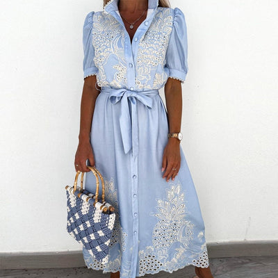 Embroidered Blue Dress with Elegant Detailing for Versatile Style