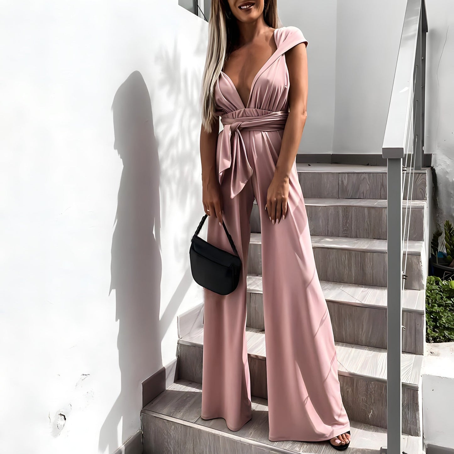 Women’s Jumpsuit – Sleeveless – Deep V-Neck – Wide Leg – Adjustable Waist – Breathable Blend