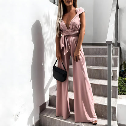 Women’s Jumpsuit – Sleeveless – Deep V-Neck – Wide Leg – Adjustable Waist – Breathable Blend