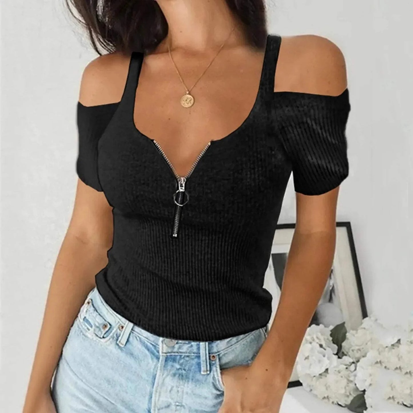 Women's Off-Shoulder Ribbed Knit Top - Deep V-Neck with Zipper - Slim Fit Short Sleeve