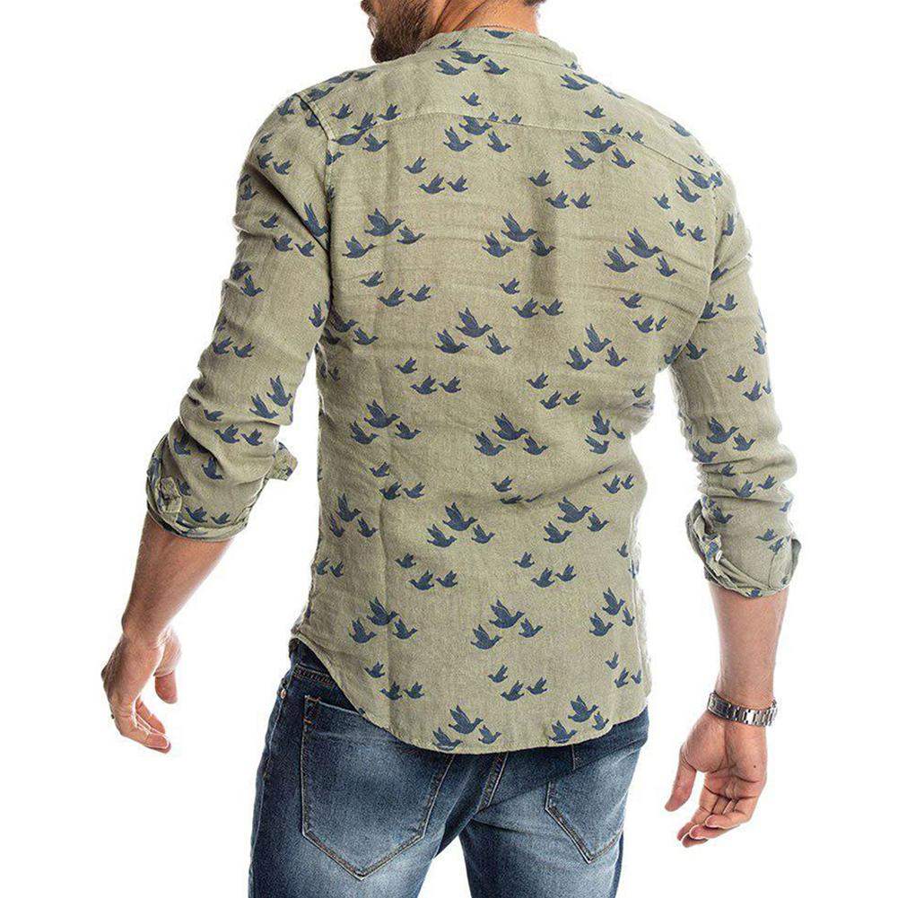 Men’s Long-Sleeve Shirt - Bird Print - Mandarin Collar - Breathable Casual Fit