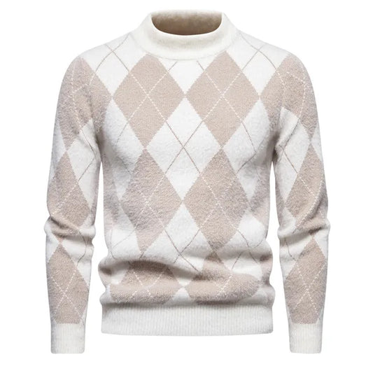 Men’s Argyle Sweater - Crew Neck - Knitted - Long Sleeve - Classic Pattern