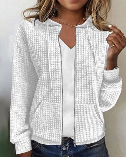 Women’s Hooded Jacket – Quilted Texture – Relaxed Fit – Warm Hip-Length Casual Layer