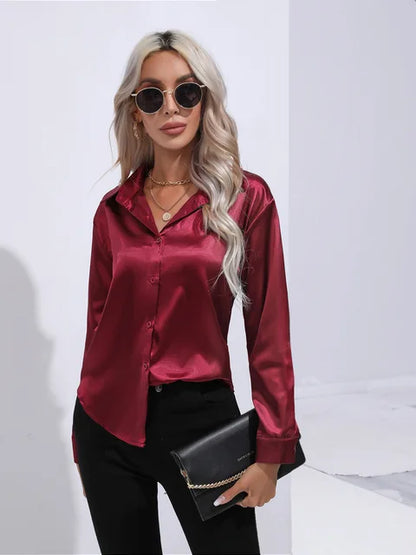 Women's elegant loose satin long sleeve blouse