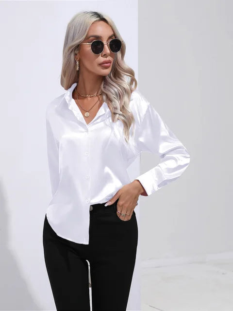 Women's elegant loose satin long sleeve blouse