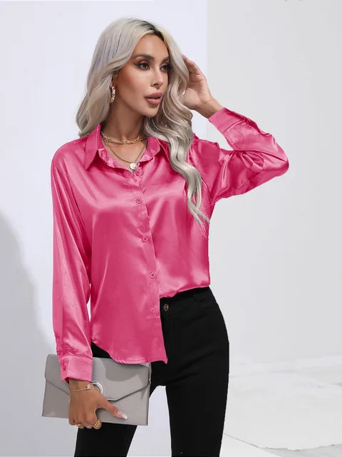 Women's elegant loose satin long sleeve blouse