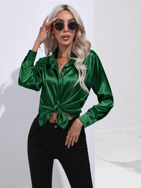 Women's elegant loose satin long sleeve blouse