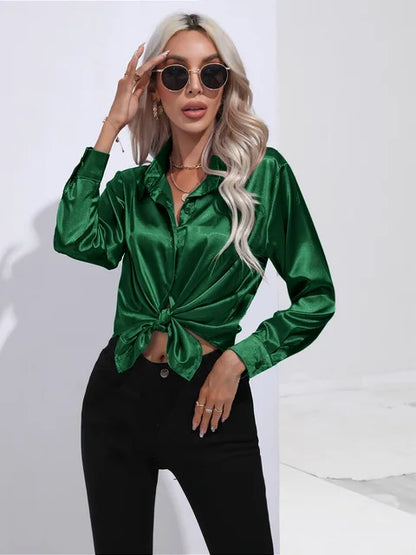Women's elegant loose satin long sleeve blouse