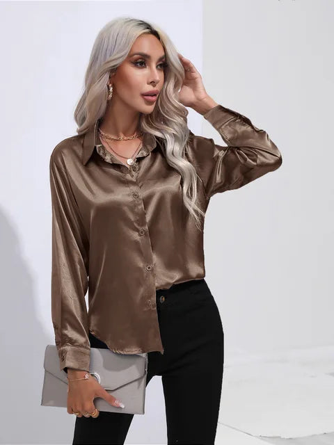 Women's elegant loose satin long sleeve blouse