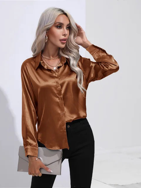 Women's elegant loose satin long sleeve blouse