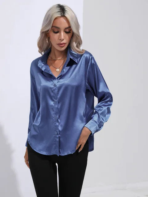 Women's elegant loose satin long sleeve blouse