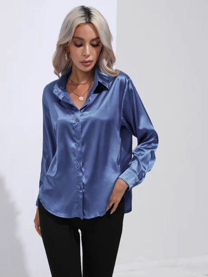 Women's elegant loose satin long sleeve blouse