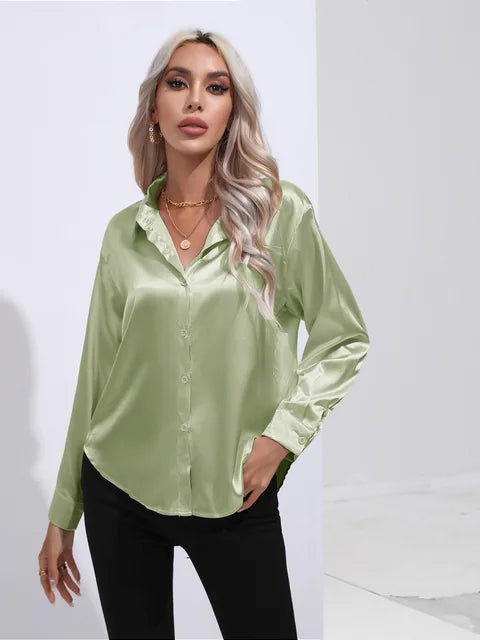 Women's elegant loose satin long sleeve blouse