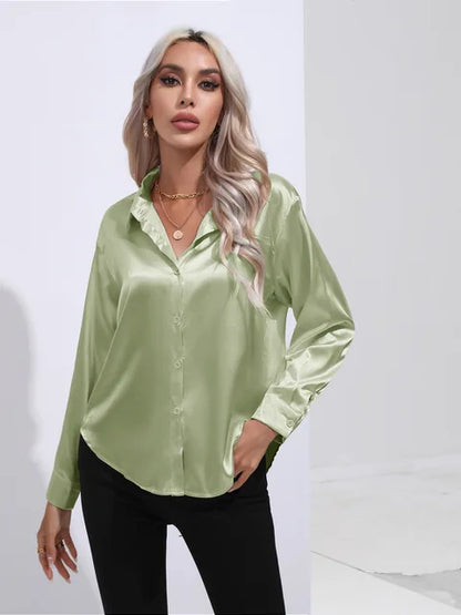 Women's elegant loose satin long sleeve blouse