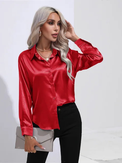 Women's elegant loose satin long sleeve blouse