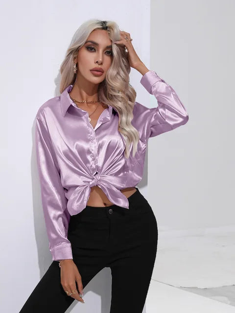 Women's elegant loose satin long sleeve blouse
