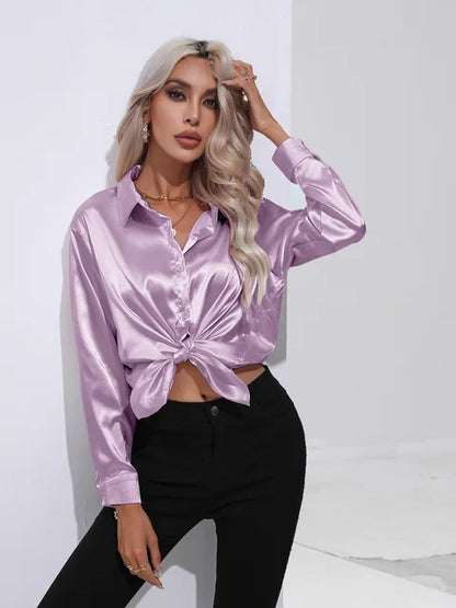 Women's elegant loose satin long sleeve blouse