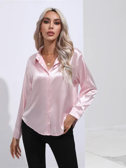 Women's elegant loose satin long sleeve blouse