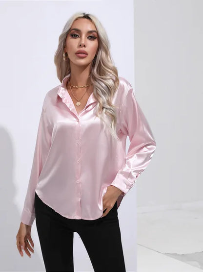 Women's elegant loose satin long sleeve blouse