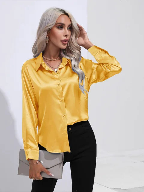 Women's elegant loose satin long sleeve blouse