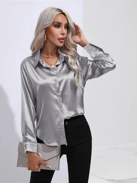 Women's elegant loose satin long sleeve blouse
