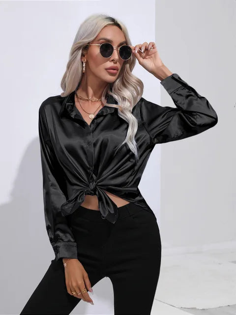Women's elegant loose satin long sleeve blouse