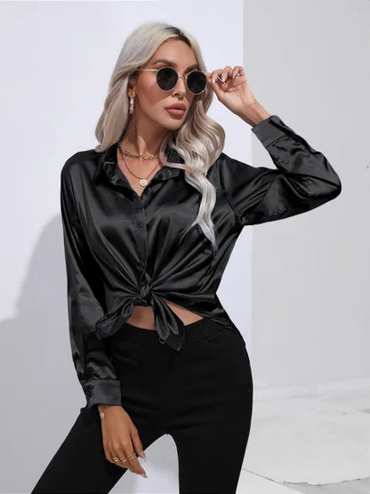 Women's elegant loose satin long sleeve blouse