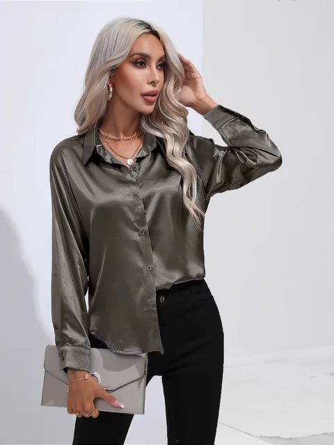 Women's elegant loose satin long sleeve blouse