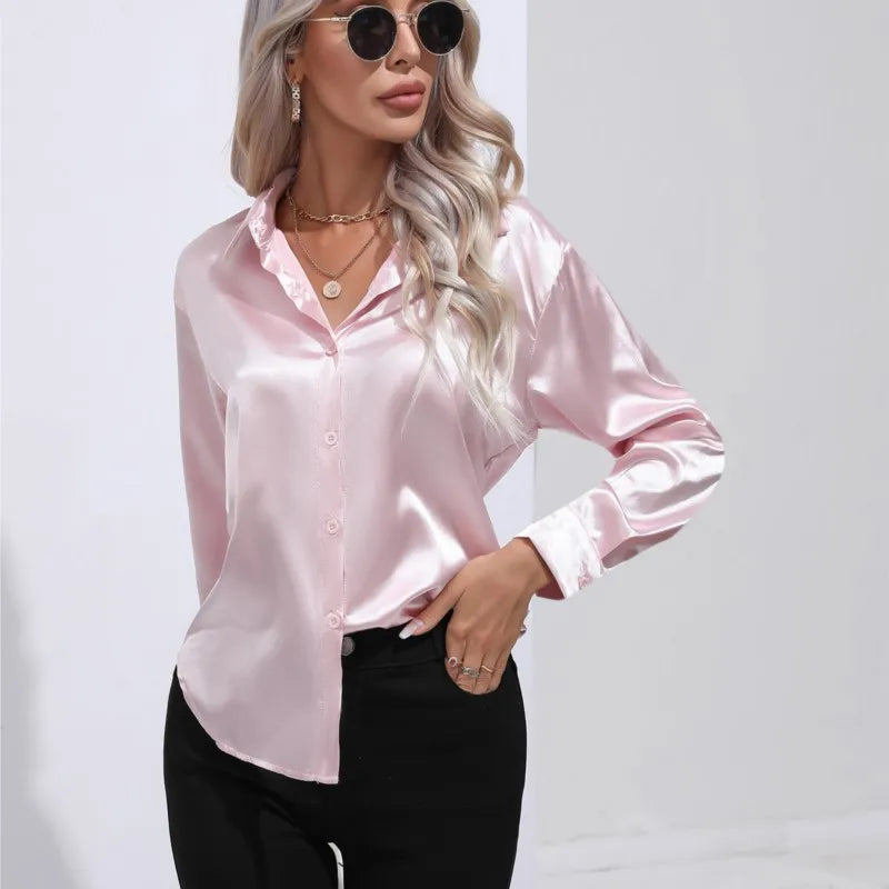 Women's elegant loose satin long sleeve blouse