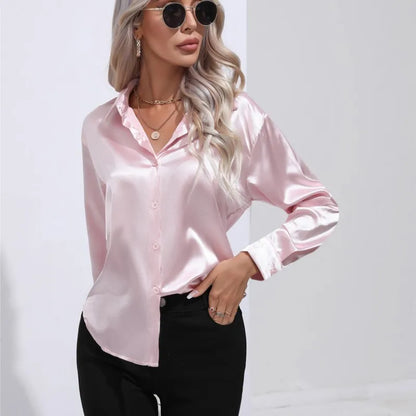 Women's elegant loose satin long sleeve blouse