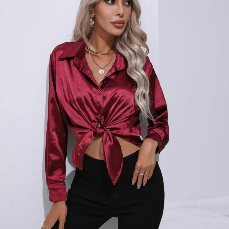 Women's elegant loose satin long sleeve blouse