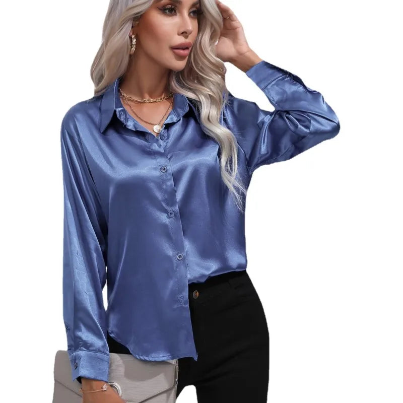 Women's elegant loose satin long sleeve blouse