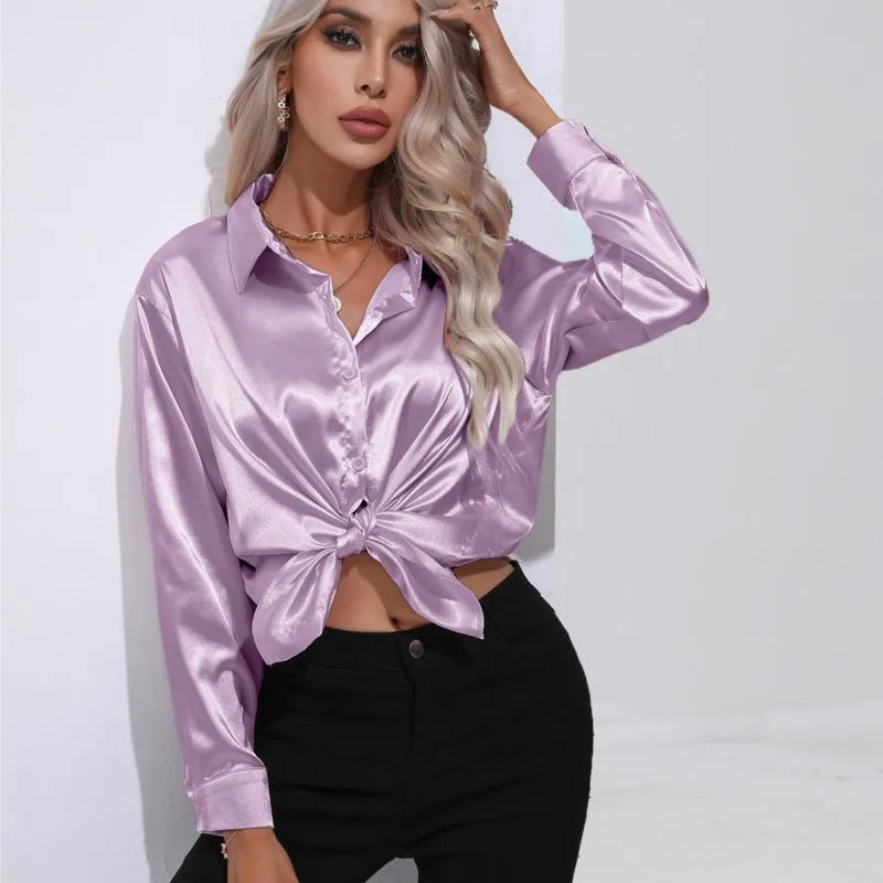 Women's elegant loose satin long sleeve blouse