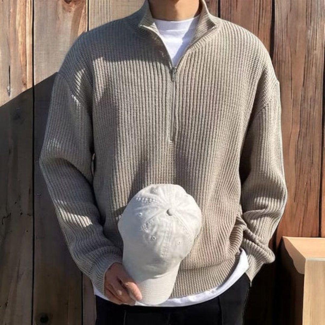 Men’s Half Zip Sweater – Ribbed Texture – Relaxed Fit – Casual Layer