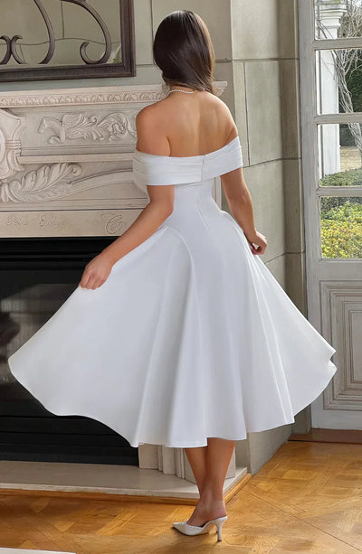 Women’s Off-Shoulder Midi Dress - Fitted Bodice - A-Line Flared Skirt - Elegant Formal Wear
