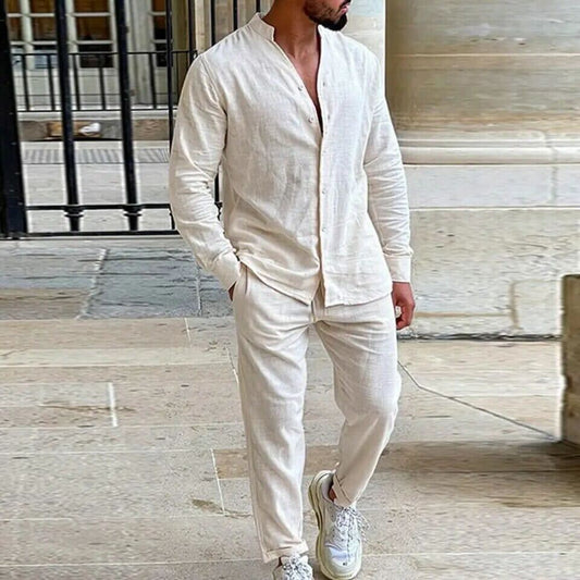 Men’s Linen Set – Relaxed Fit Shirt and Straight-Leg Trousers – Lightweight Breathable