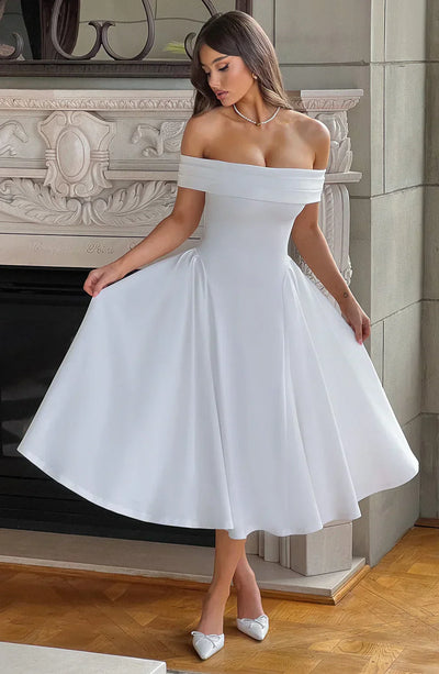 Women’s Off-Shoulder Midi Dress - Fitted Bodice - A-Line Flared Skirt - Elegant Formal Wear