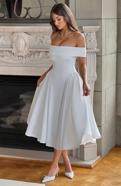 Women’s Off-Shoulder Midi Dress - Fitted Bodice - A-Line Flared Skirt - Elegant Formal Wear