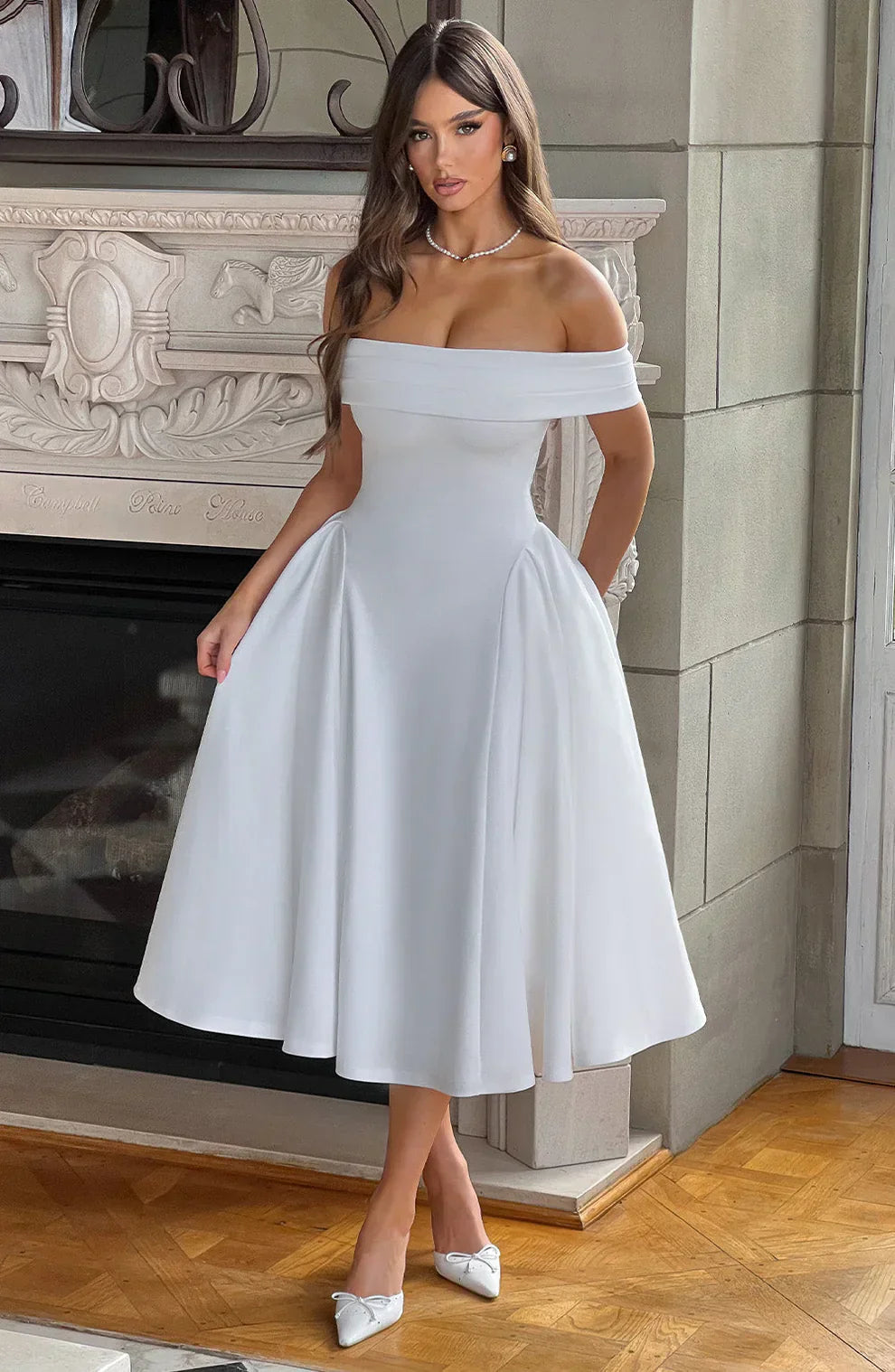 Women’s Off-Shoulder Midi Dress - Fitted Bodice - A-Line Flared Skirt - Elegant Formal Wear