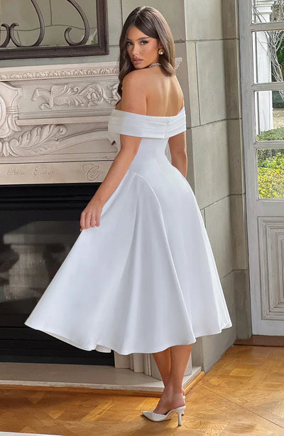 Women’s Off-Shoulder Midi Dress - Fitted Bodice - A-Line Flared Skirt - Elegant Formal Wear