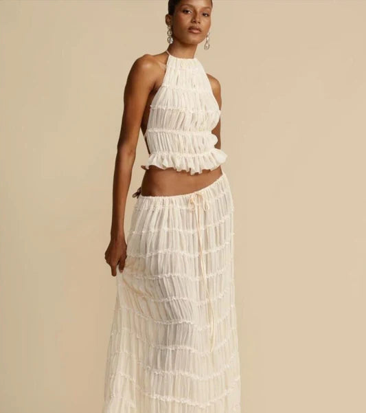 Women's Halter Top & Maxi Skirt Set – Ruched Lightweight Fabric – Flowy & Elegant