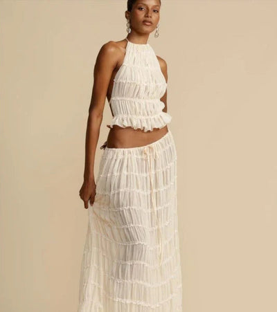 Women's Halter Top & Maxi Skirt Set – Ruched Lightweight Fabric – Flowy & Elegant