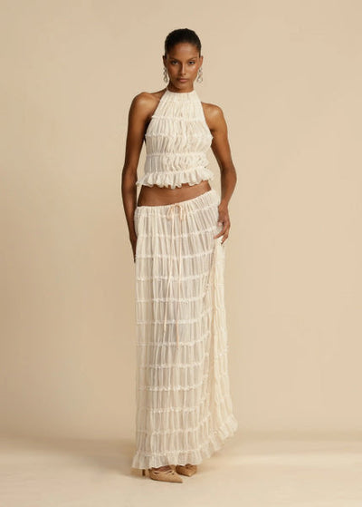 Women's Halter Top & Maxi Skirt Set – Ruched Lightweight Fabric – Flowy & Elegant