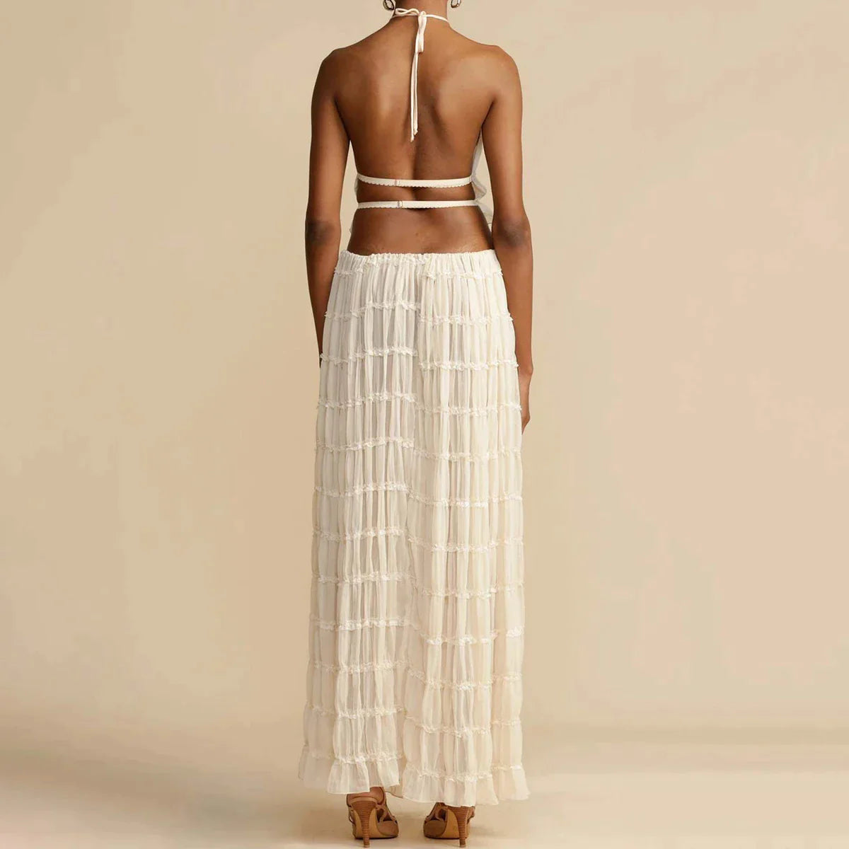 Women's Halter Top & Maxi Skirt Set – Ruched Lightweight Fabric – Flowy & Elegant