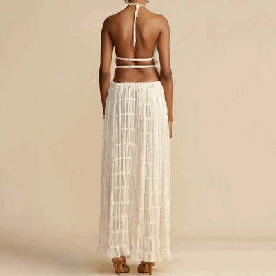 Women's Halter Top & Maxi Skirt Set – Ruched Lightweight Fabric – Flowy & Elegant