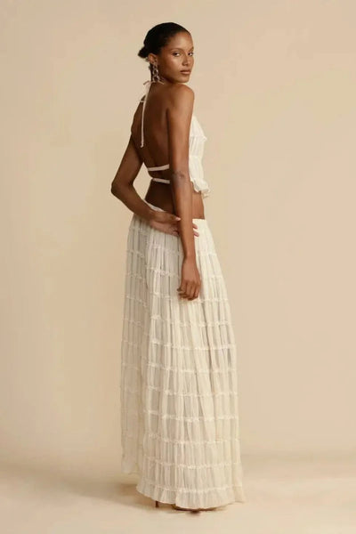 Women's Halter Top & Maxi Skirt Set – Ruched Lightweight Fabric – Flowy & Elegant