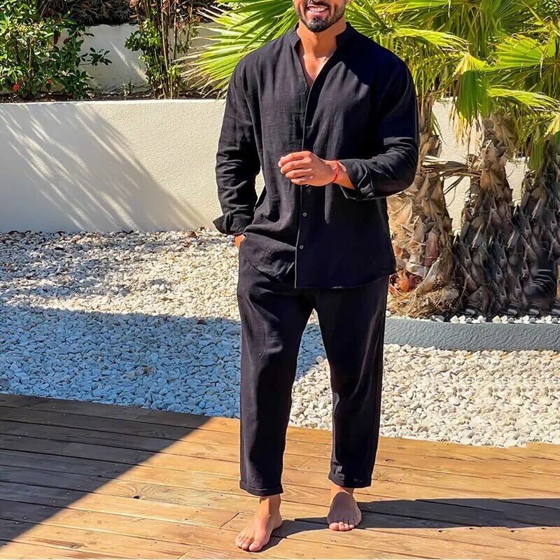 Men’s Linen Set – Relaxed Fit Shirt and Straight-Leg Trousers – Lightweight Breathable