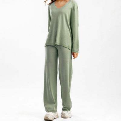 Women's Lounge Set - V-Neck Long Sleeve Top - Wide-Leg Trousers with Pockets