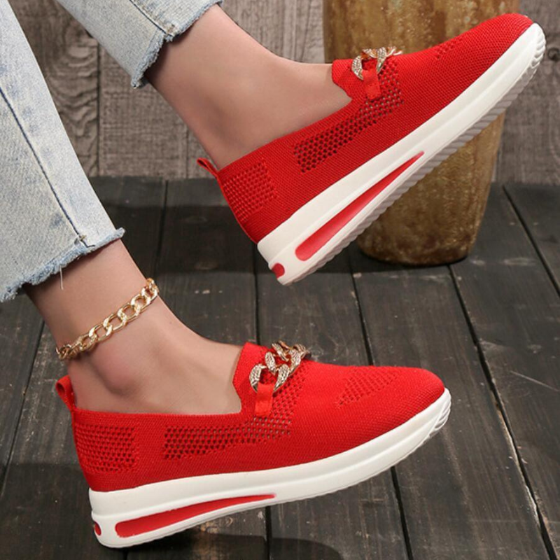 Women's Slip-On Sneakers - Breathable Mesh - Cushioned Sole - Chain Detail Casual Wear